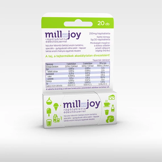 Millandjoy rágótabletta 20x édesítőszerrel tejcukor lebontó (laktáz) enzim tartalmú speciális - gyógyászati célra szánt - tápszer